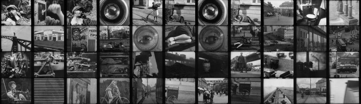 A grid of black-and-white film frames laid out like a database of shots.