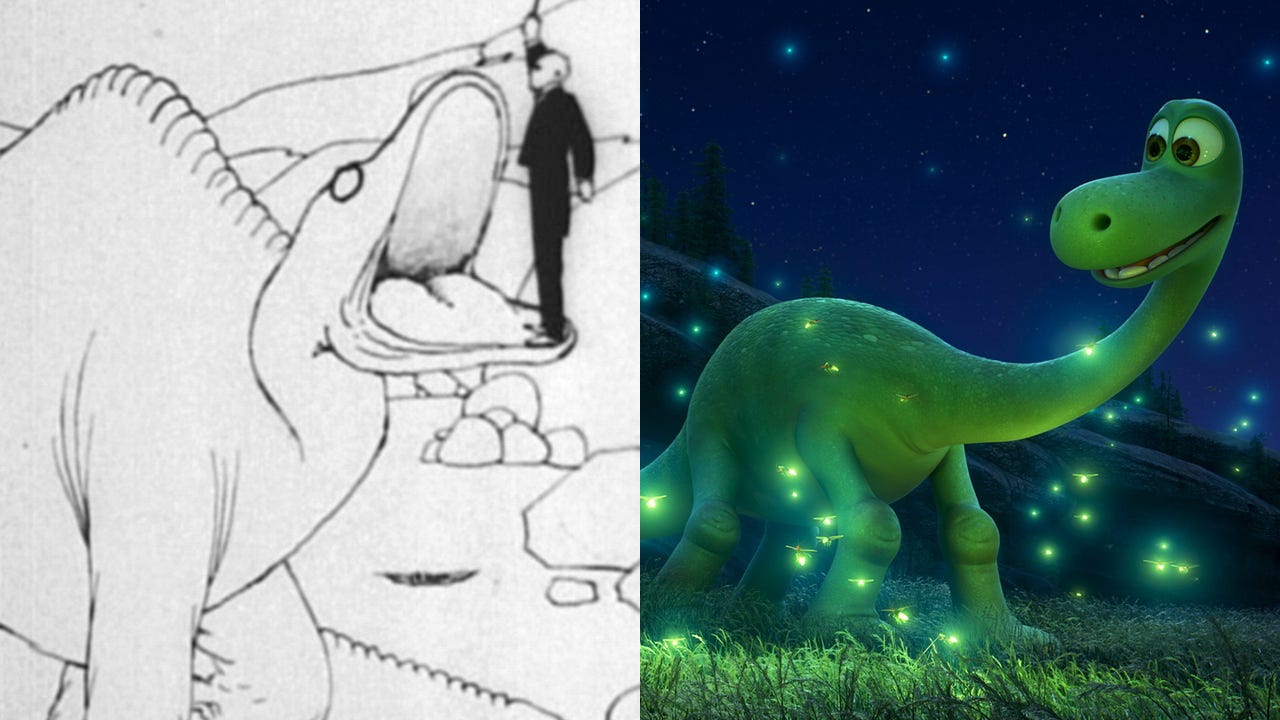 A line drawing of Gertie the Dinosaur beside Arlo from Pixar's The Good Dinosaur.